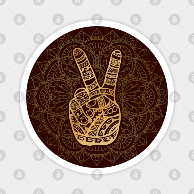 Hippie, Boho Golden Peace Sign, Mandala Magnet by Jitterfly